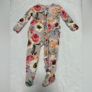 Posh Peanut French Grey Ruffle Zippy 0-3M Floral Bamboo EUC